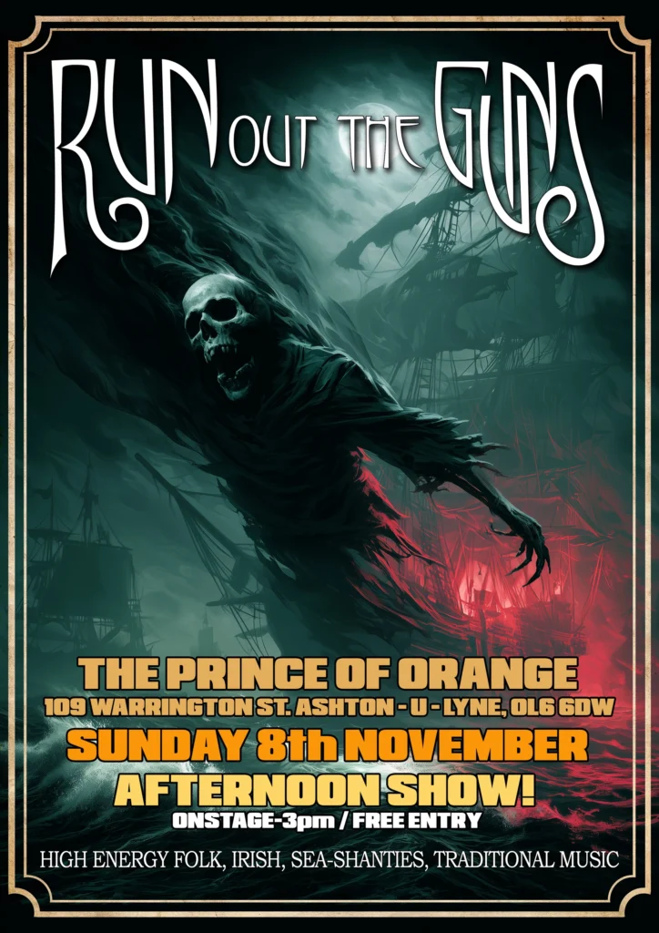 Run Out The Guns gig poster for their show at The Prince of Orange, Manchester, 8 November 2026