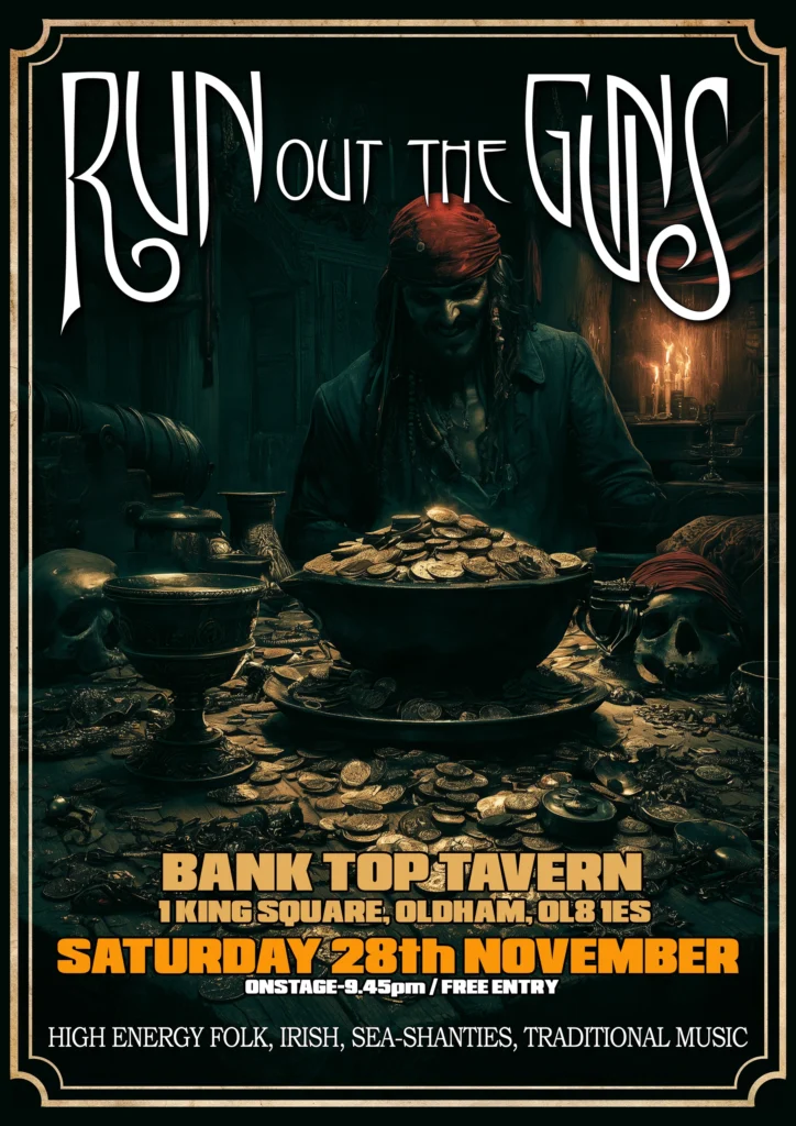 Run Out The Guns gig poster for their show at The Bank Top Tavern, Manchester, 28 November 2026